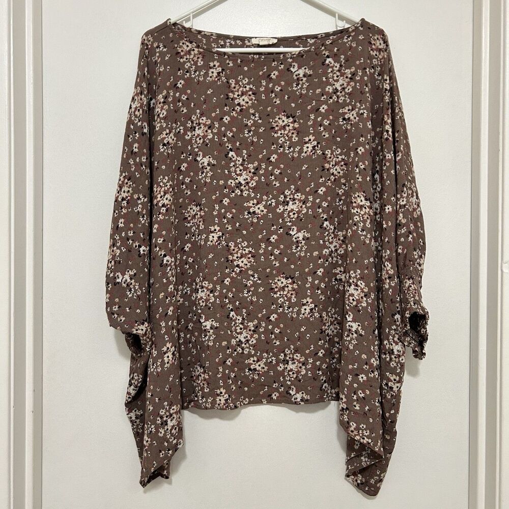 ODDY Draped Floral Oversized Blouse Boho Cottagecore Top 2XL Dusty Brown